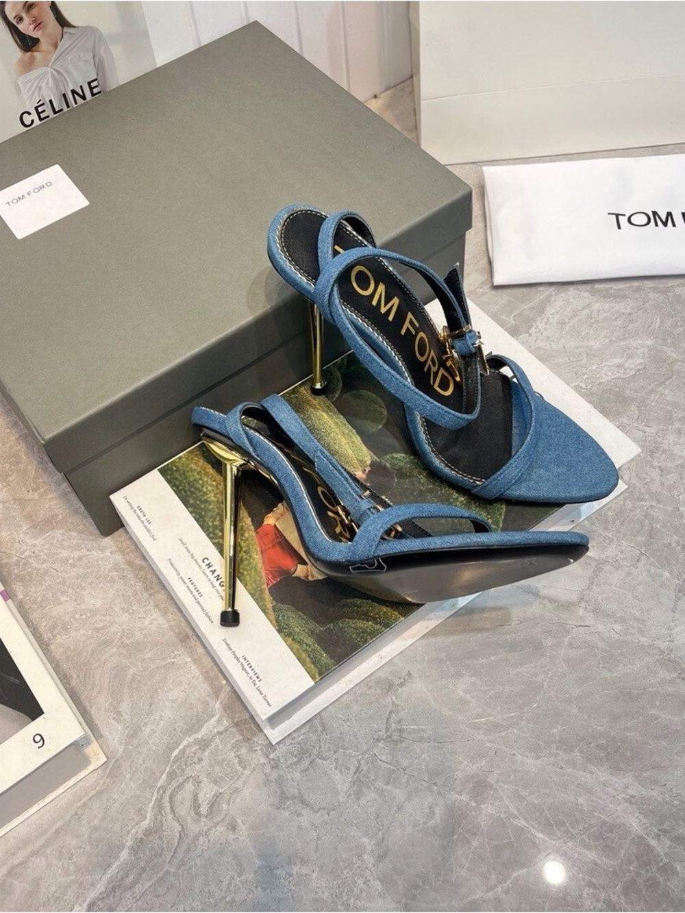 Tom Ford Blue Denim Cross-Strap Slingback Heels - Picture 2 of 5